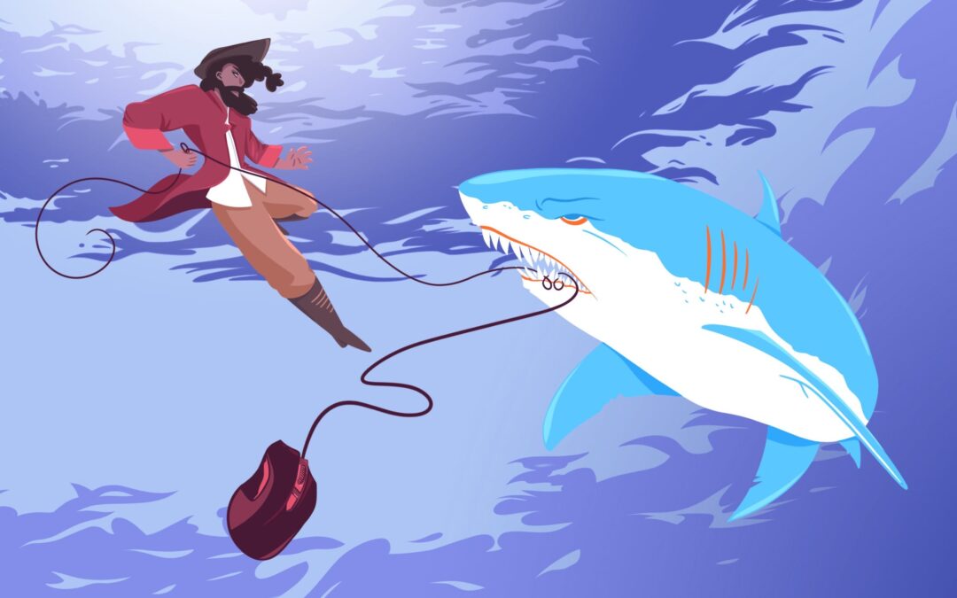 A pirate and a shark, engaged in technological tug-of-war.